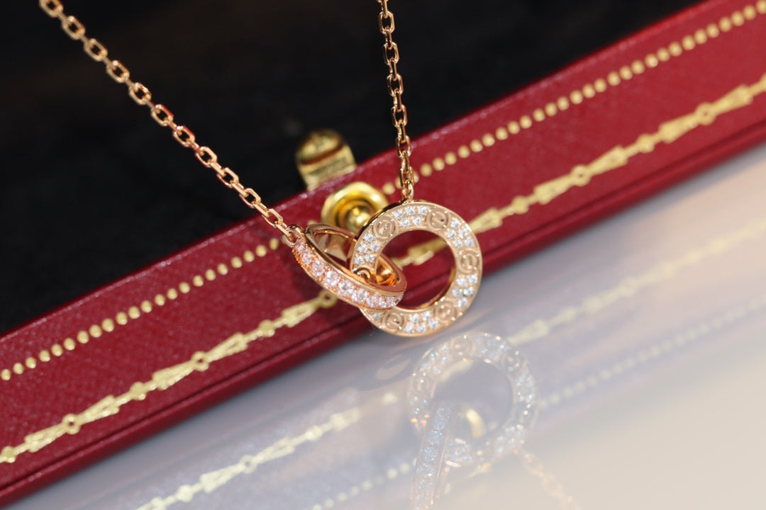 1:1 Cartier Gold Iove Double Ring Full Diamond Necklace