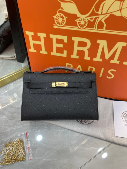 1:1 Hermes Kelly Pochette Ostrich leather