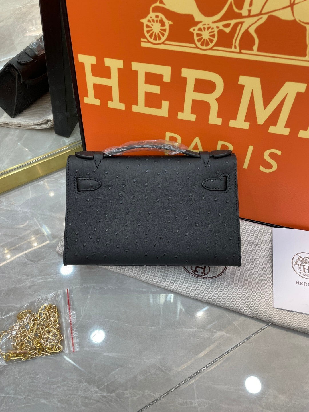 1:1 Hermes Kelly Pochette Ostrich leather