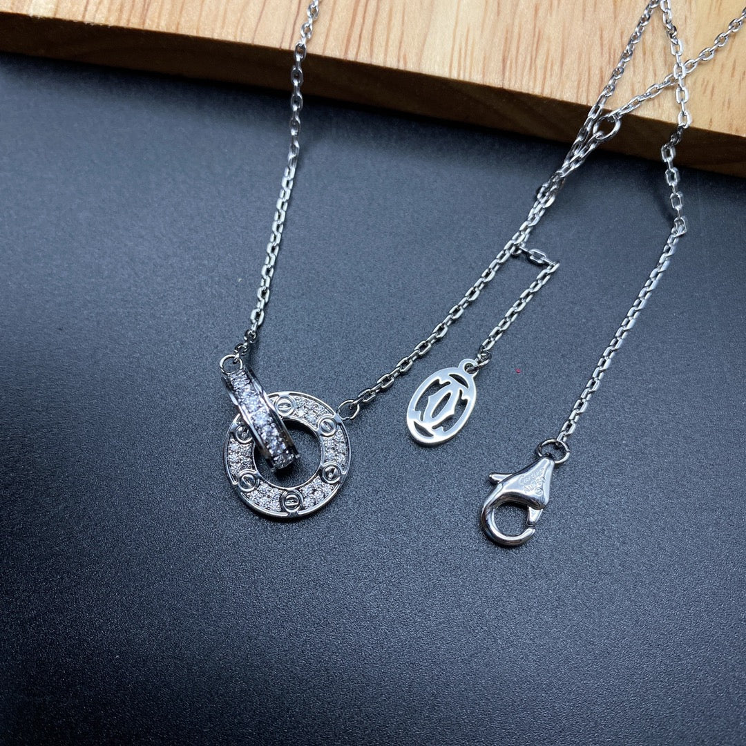 1:1 Cartier White gold Iove Double Ring Full Diamond Necklace