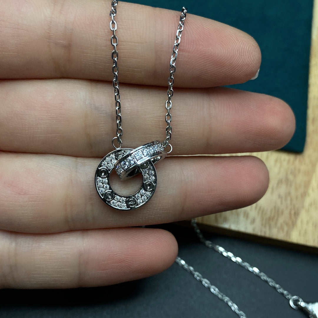 1:1 Cartier White gold Iove Double Ring Full Diamond Necklace