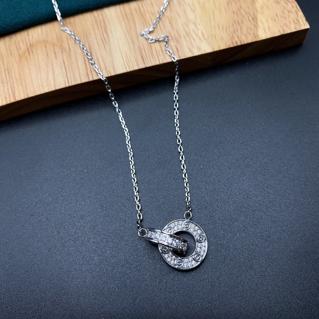 1:1 Cartier White gold Iove Double Ring Full Diamond Necklace