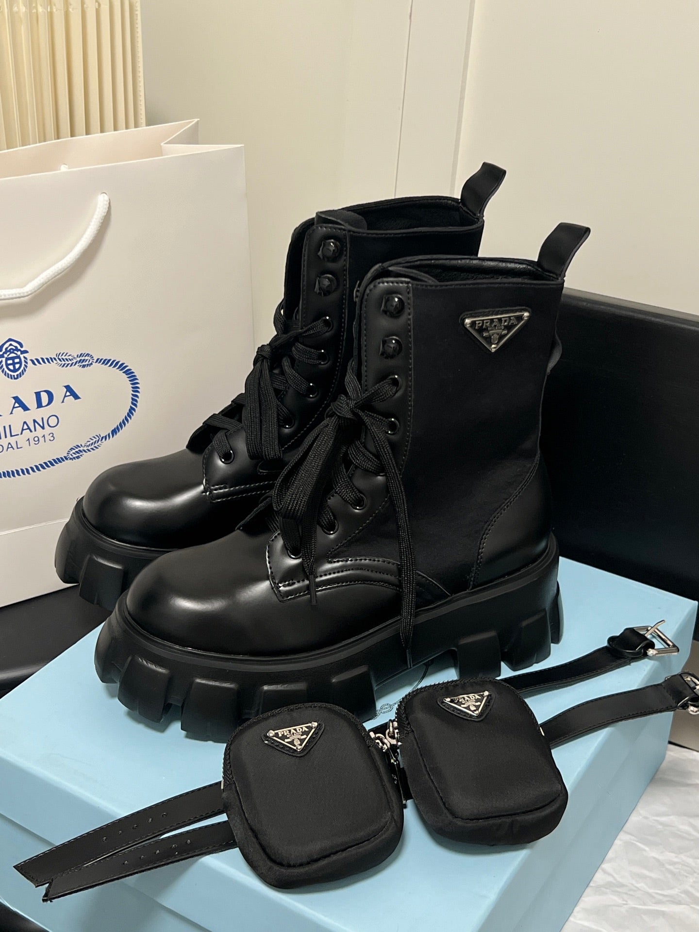 1:1 Prada Lace-up Ankle Boots
