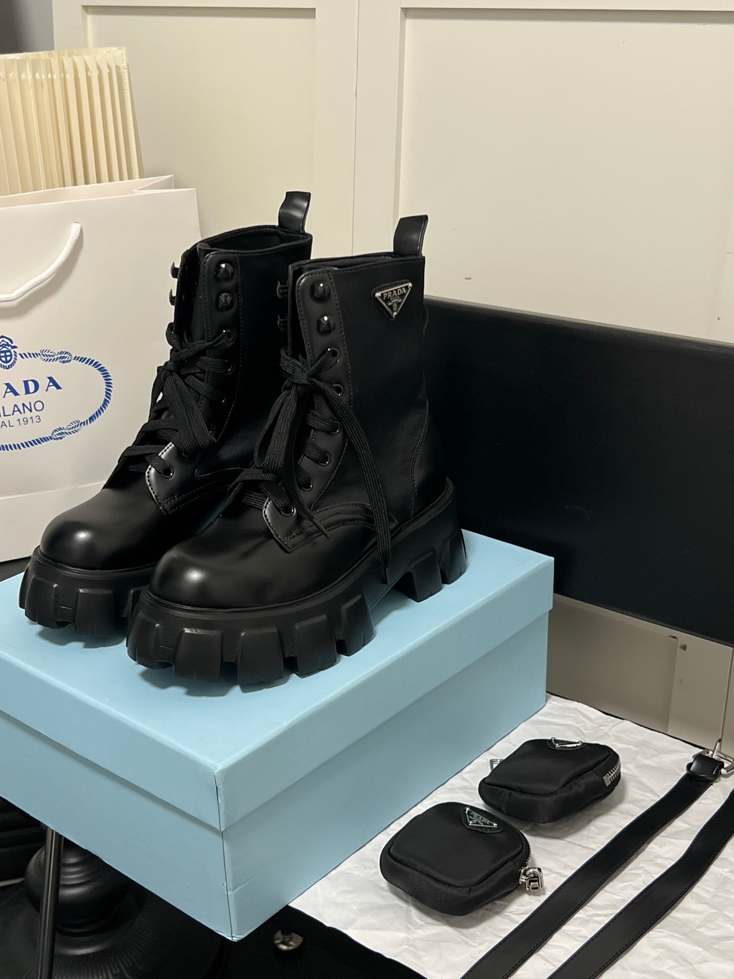 1:1 Prada Lace-up Ankle Boots